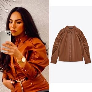 ZARA blogger tan leather puff sleeve button shirt